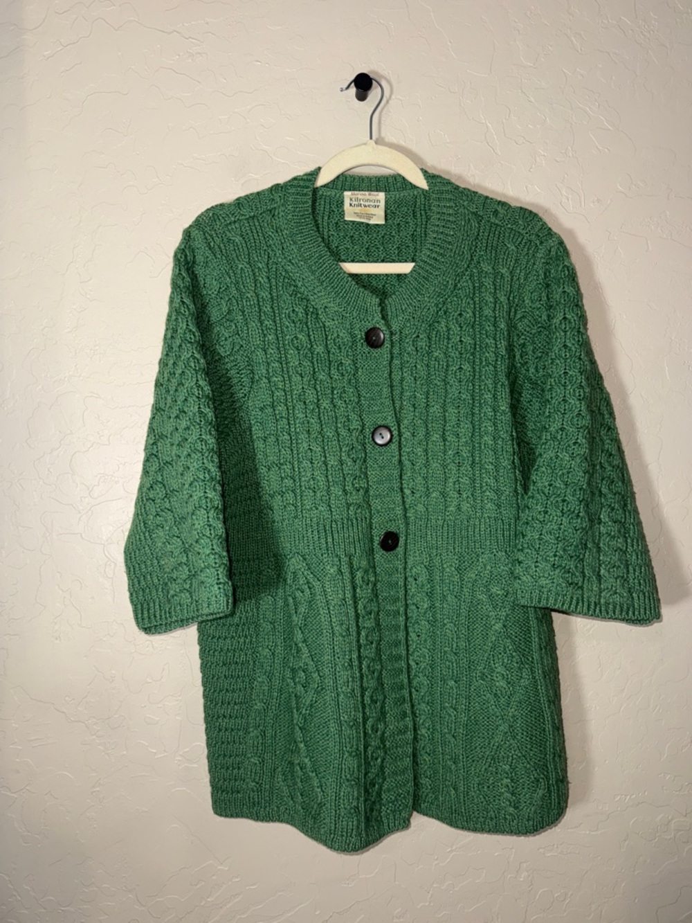 Kilronan knitwear 100% merino wool made in Ireland 3/4 sleeve cardigan sweater